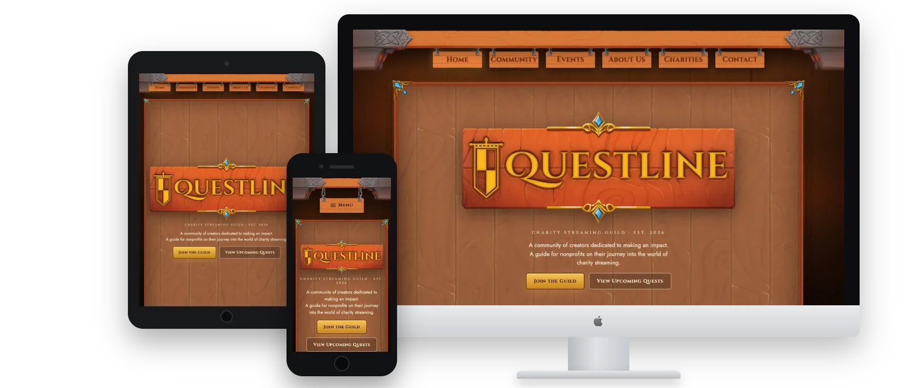 Questline Guild mockup showing desktop, tablet, and mobile views