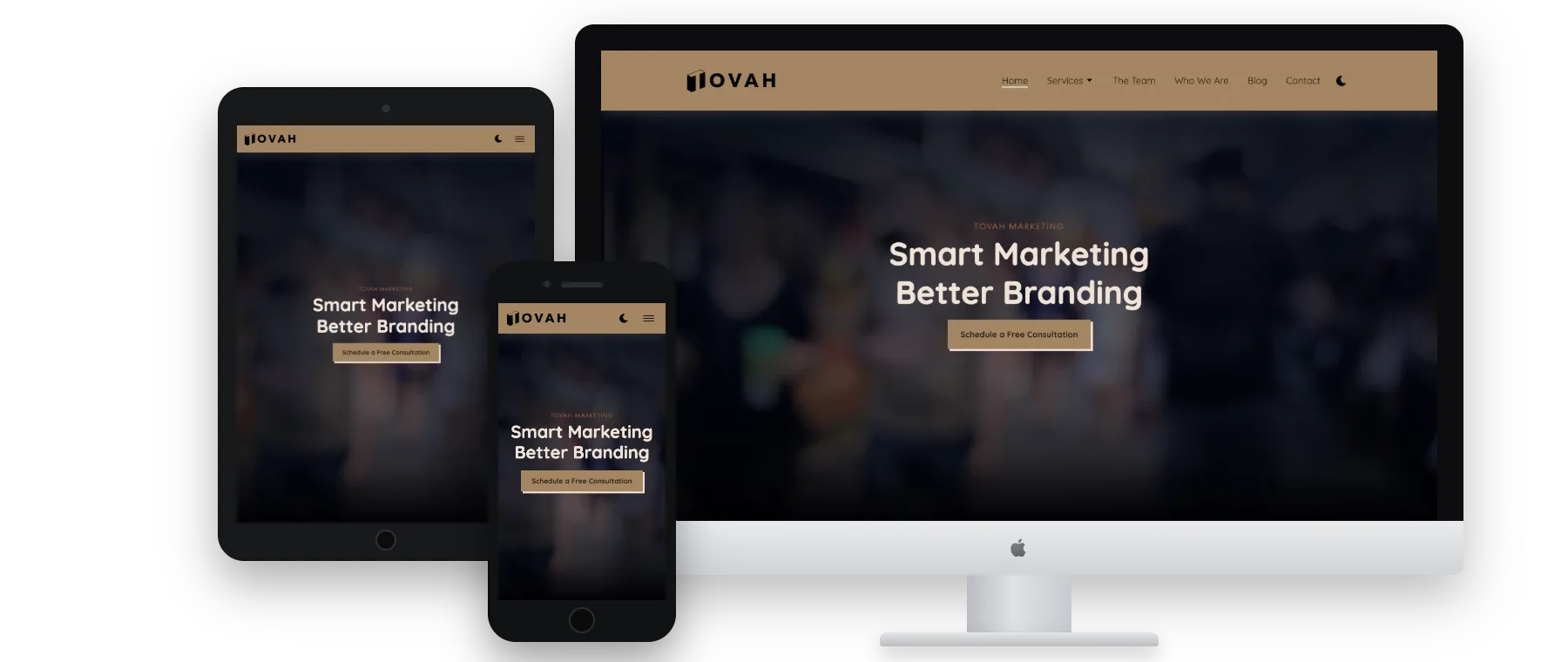 Tovah Marketing mockup showing desktop, tablet, and mobile views